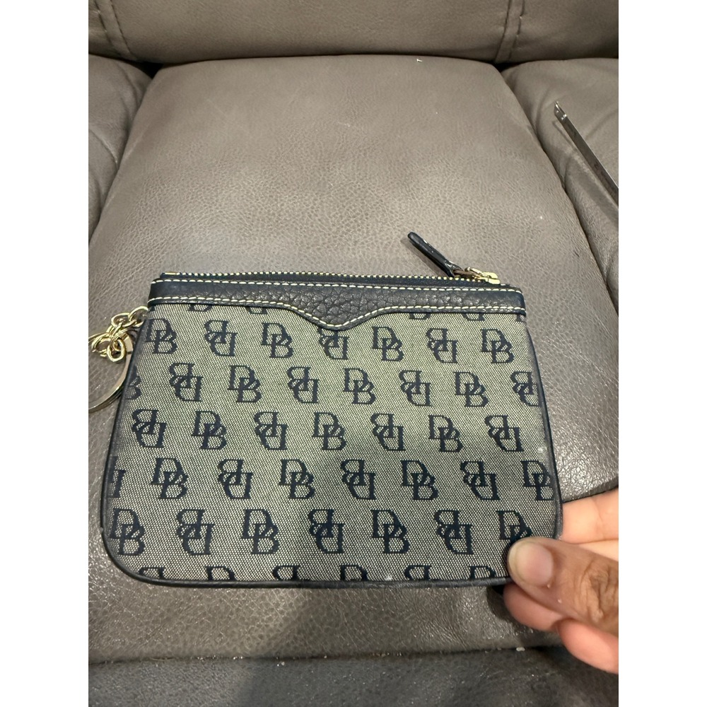 Dooney & Bourke Navy Monogram Jacquard Coin Pouch with Key Ring Leather Trim